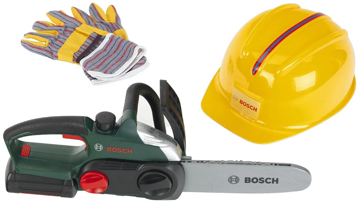 Theo Klein 8456 Set da Lavoro Bosch I Resistente Motosega con Luce e Suono I Elmetto e Guanti di Alta qualità per Giochi di Ruolo I Giocattoli per Bambini dai 3 Anni in su
