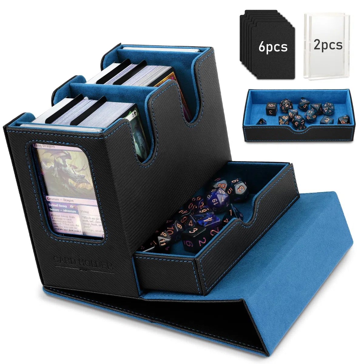 TiMOVO MTG Scatola del Mazzo di Carte Commander con Comandante del Display e Vassoio per Dadi Adatto a 400+ carte non sfoderate, Custodia magnetica in pelle per carte per TCG CCG Magic Cards,Nero+Blu