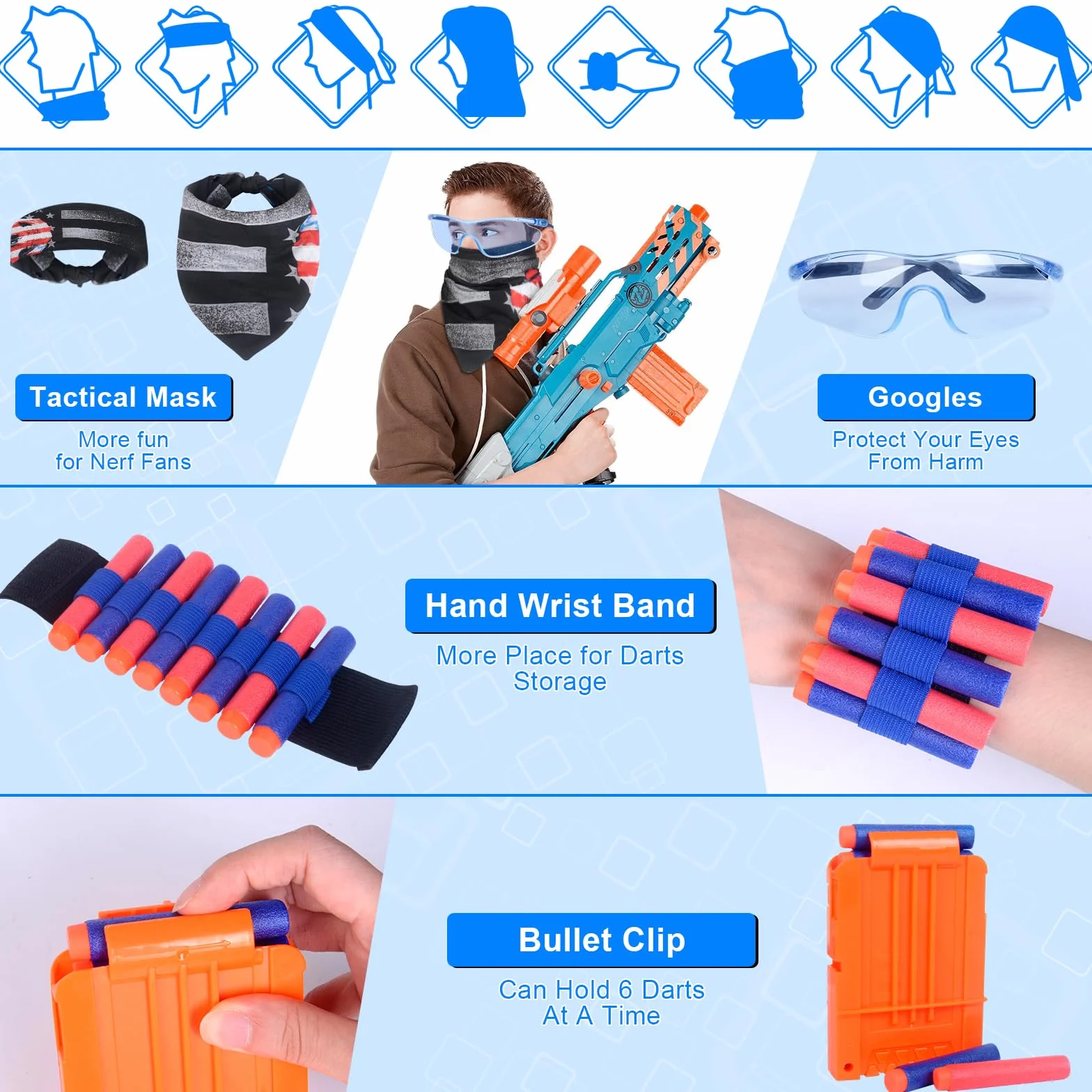 Gilet Tattico per Bambini Nerf con Set Serie N Strike Elite, Accessori con Caricatori Ricarica Rapida, Fasce Polso, Occhiali, Bandana per Ragazzi e Ragazze