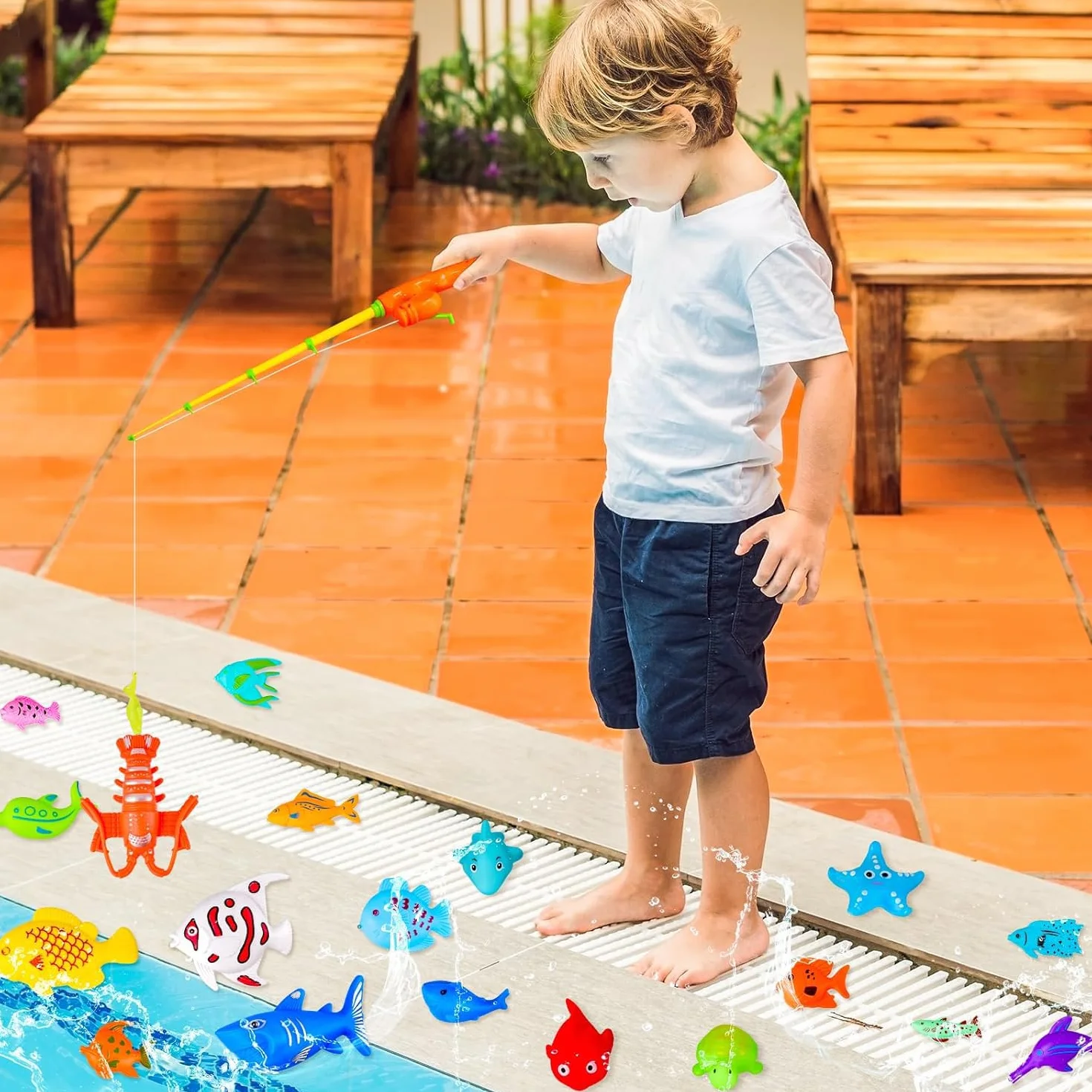 Set di 40 giocattoli da pesca magnetici per bambini con canna da pesca e rete, pesci galleggianti in plastica per vasca da bagno
