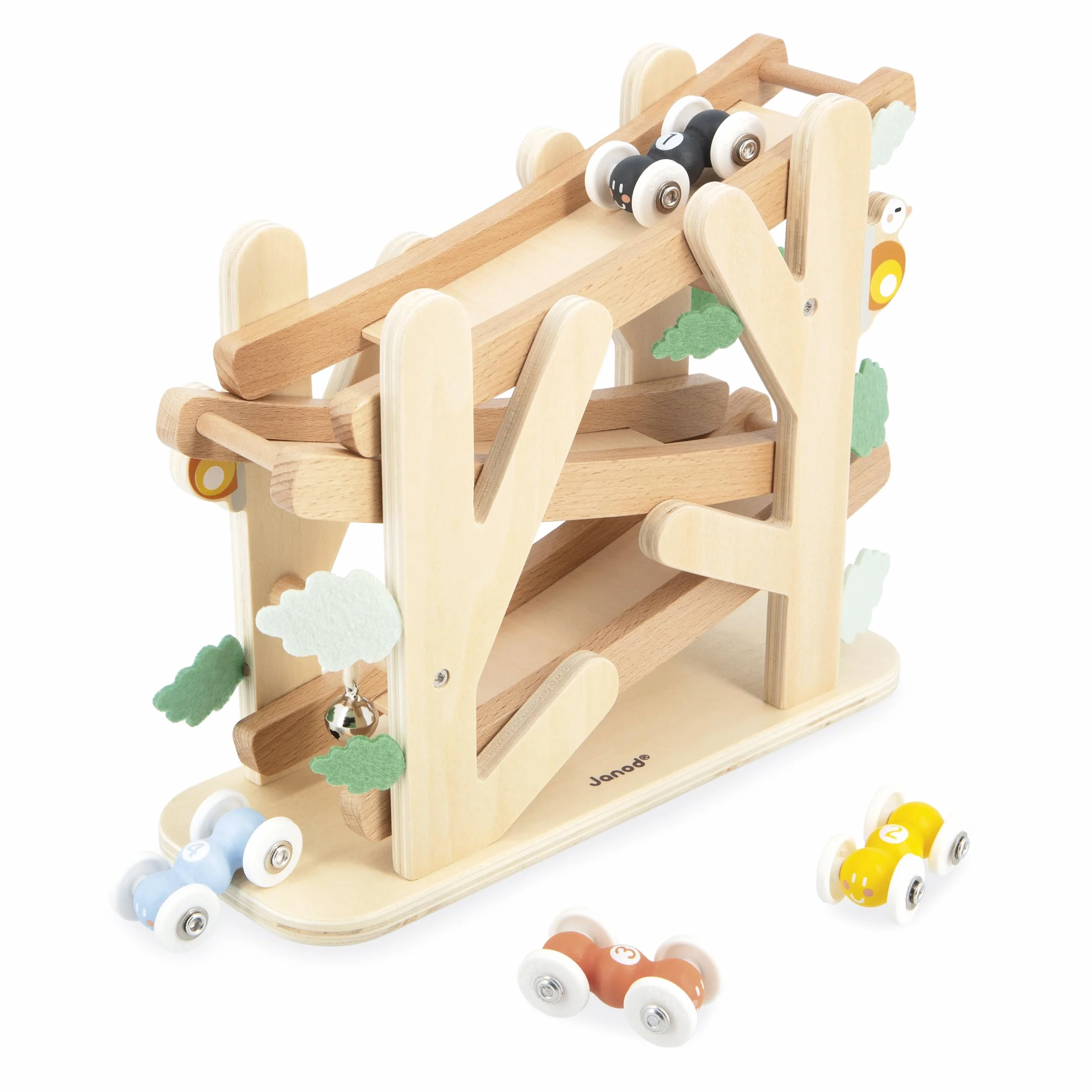 Janod - Scivolo in Legno su 3 Livelli - Rampa di Corsa con 4 macchinine Incluse - Scivolo per macchinine - Sviluppo della motricità fine - da 1 Anno - J04038