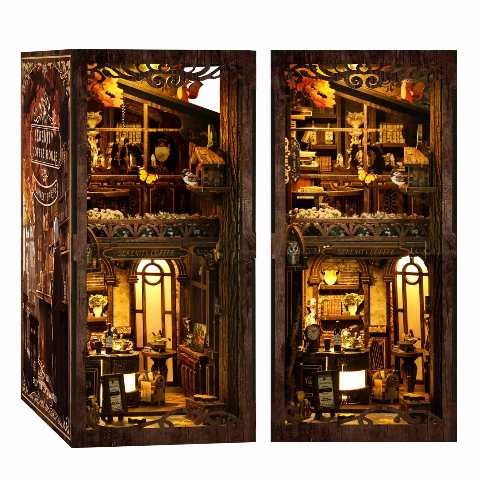 GuKKK Book Nook Kit, Own Bookstore Booknook Puzzle in Legno 3D, Costruzione di Modellini con Mobili e Luce LED in Legno Book Scaffale Inserto Decorazione, Regalo di Vacanza (Caffetteria)