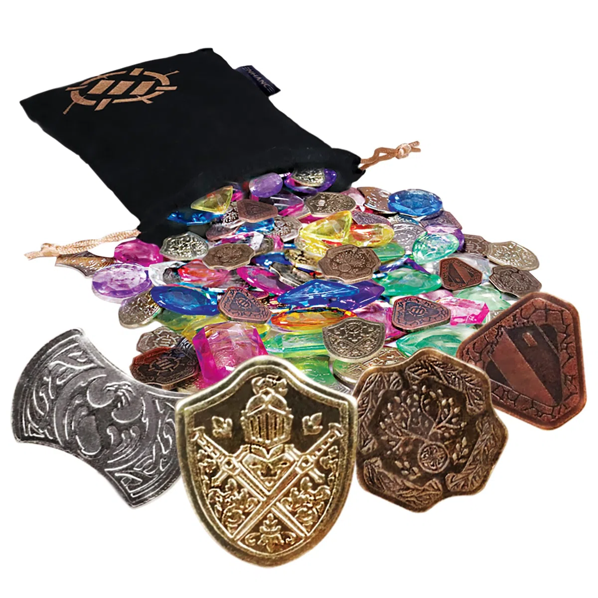 ENHANCE Set di Gettoni del Tesoro da Tavolo - 40 Gettoni MTG in Metallo (x10 per Ogni Design) con Gemme Assortite in Acrilico (Oltre 40) e Astuccio con Coulisse, Segnalini per Giochi di Ruolo