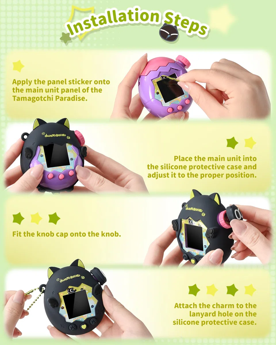 GeekShare Custodia in silicone compatibile con Tamagotchi Paradise, morbida custodia protettiva, cappucci per pulsanti, collana di perle e adesivi, skin antigraffio, set di impugnatura comoda (Luo