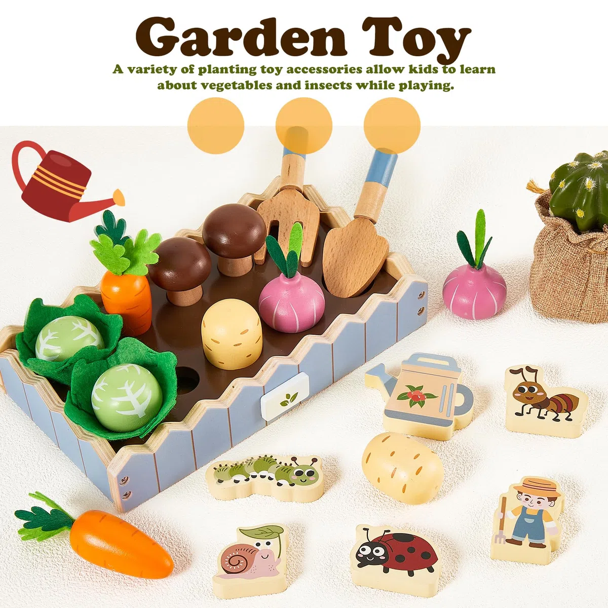 HERSITY Giochi in Legno per Bambini, Fattoria Giocattolo con Verdure Insetto, Gioco di Finzione Regalo Bambino Bambina per 2 3 Anni (Blu)