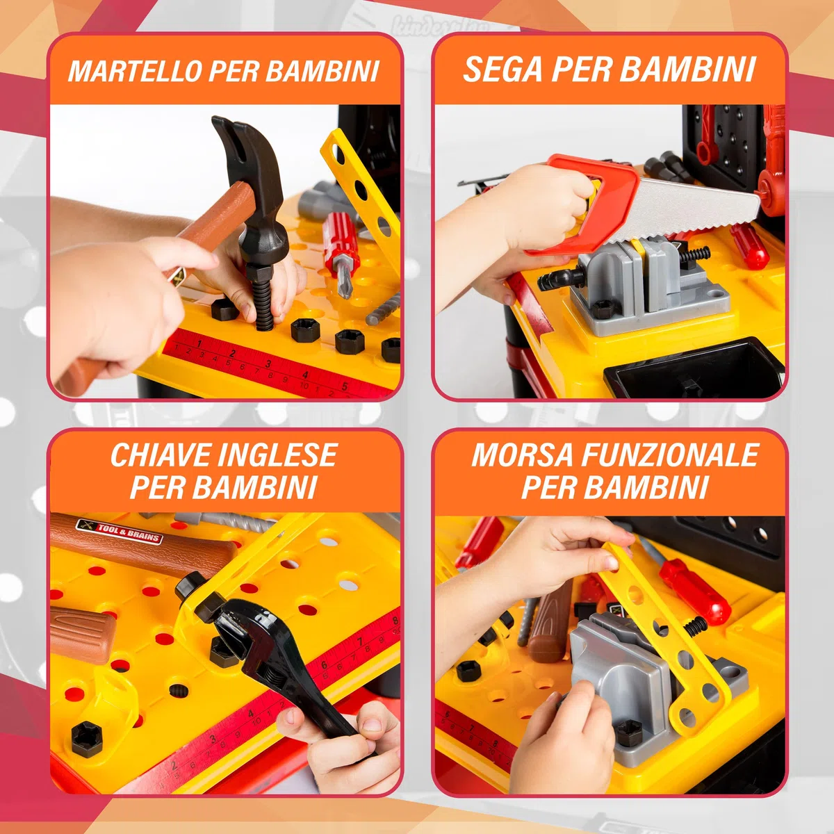 Kinderplay Banco da Lavoro Bambini – Officina Giocattolo con Trapano Elettrico e 50 Accessori – 3+ Anni – Casco Incluso – 58x33x68 cm