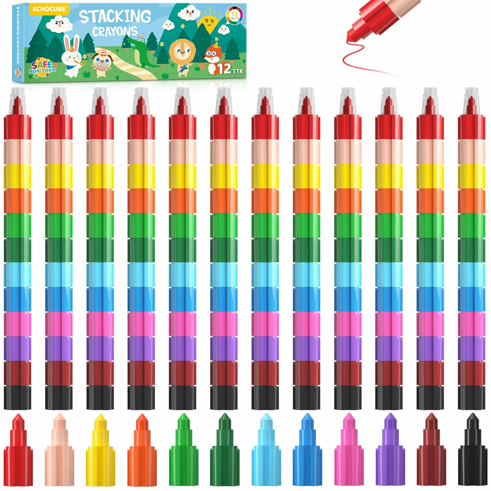 12 Pastelli per Bambini Impilabili fai-da-te,Pastelli a Cera Impilabili Arcobaleno,Matite Colorate impilabili,Set di Pastelli Colorati per Cancelleria creativa,Regalo festa