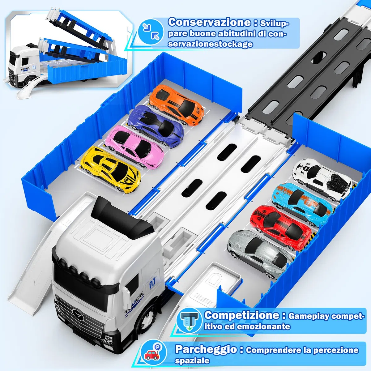 iKidiki Macchinine per Bambini, Giochi Bambini 2 3 4 5 6 Anni Camion Giocattolo per Bambino Regalo Bambino 2 3 4 5 6 Anni, Traccia Car con 8 Auto da Corsa in Lega