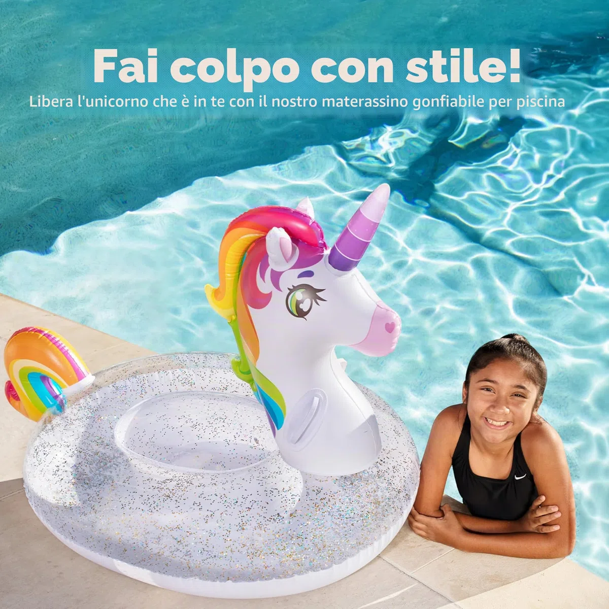 JOYIN Unicorno gonfiabile galleggiante da piscina con glitter Galleggianti divertenti spiaggia, Galleggianti unicorno, Decorazioni per feste estive Giocattoli da piscina per bambini (175x75x85cm)