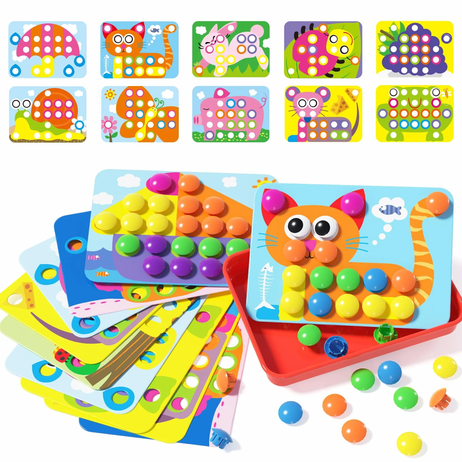 AMOSTING gioco chiodini per bambini 2, 3 anni, gioco di abbinamento colorato, giocattoli prima infanzia, puzzle regalo di compleanno per bambino-20 carte e 46 pulsanti