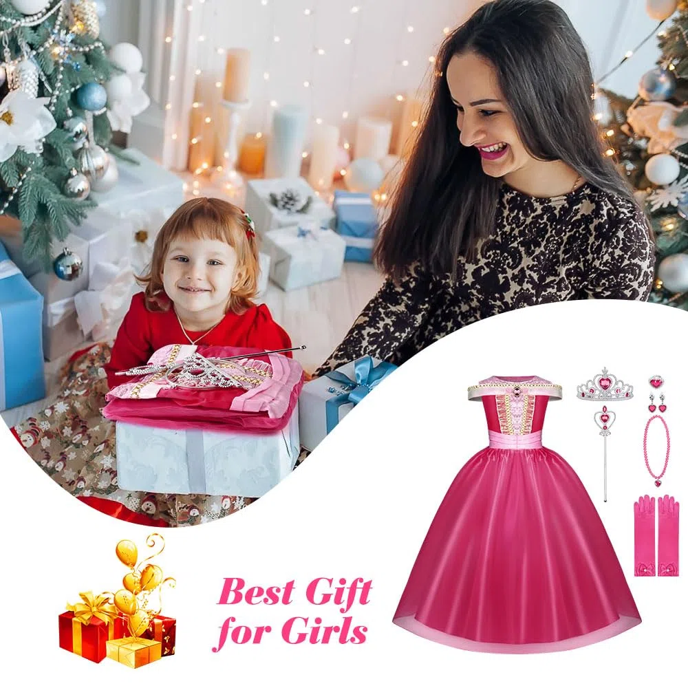Costumi Principessa, 6 PCS Vestito Bambina Bella Addormentata Costume con Accessori, Ragazza Abiti Principessa Abito Principessa Rosa da Carnevale Halloween