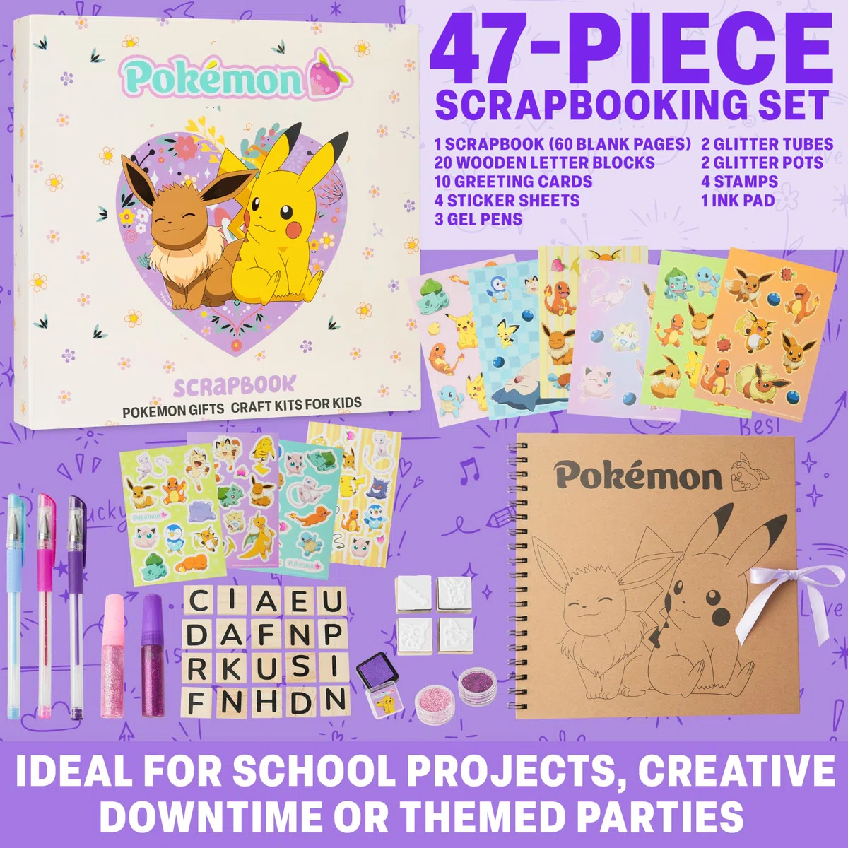 Pokémon Scrapbooking Kit, 47 Pz Scrapbook Forniture, Kit Disegno Bambini, Glitter Penne Gel Adesivi e Accessori, Riempitivi Calze Regali per Bambini