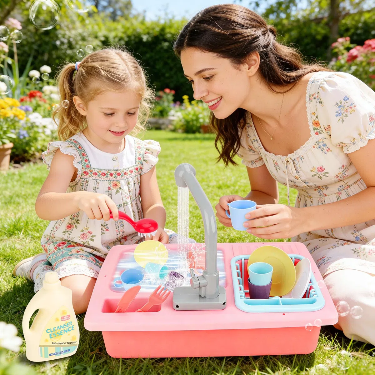 deAO Lavello da Cucina Gioco di Ruoli con Simulatore di Acqua Elettrico e Accessori (Rosa)
