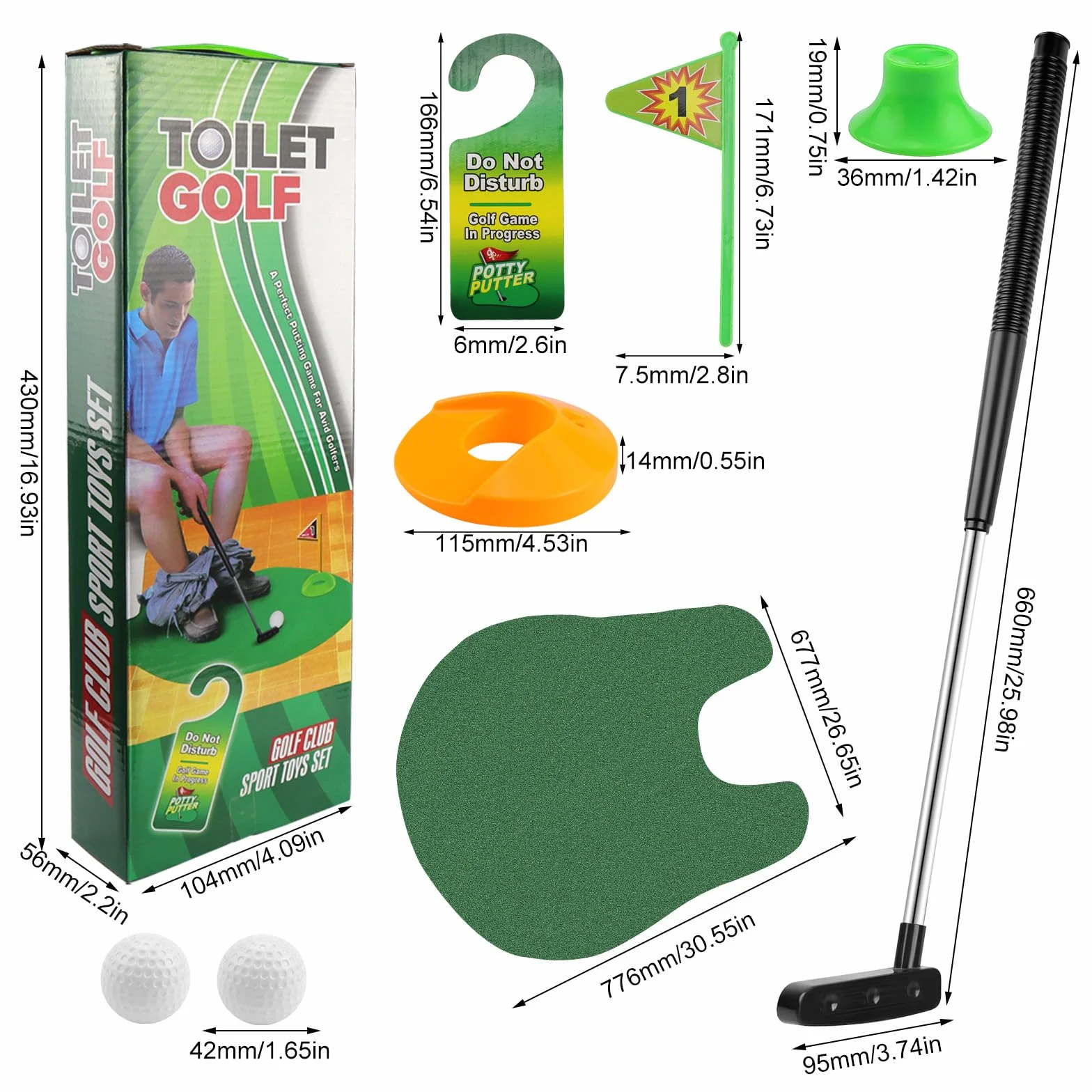 FAELNK Golf Toilet Game Golf Game Set Minigolf Adatto per Regali Divertenti per Giocatori di Golf con Mazza da Golf 65 cm, Tappetino da Golf, 2 Palline da Golf e Appendiabiti