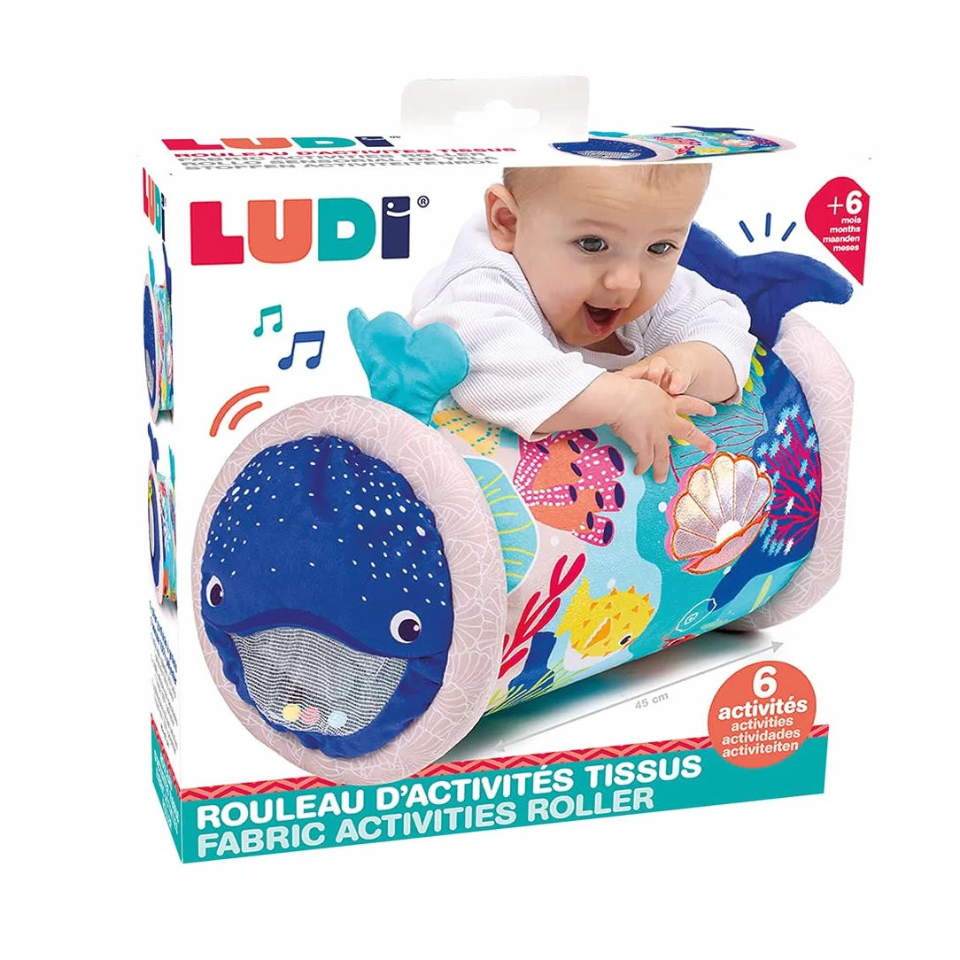 LUDI – Baby Roller Balena – Rullo Gonfiabile per attività – 6 attività sensoriali – Sviluppo motorio e coordinamento – a Partire dai 6 Mesi – 45 x 30 cm