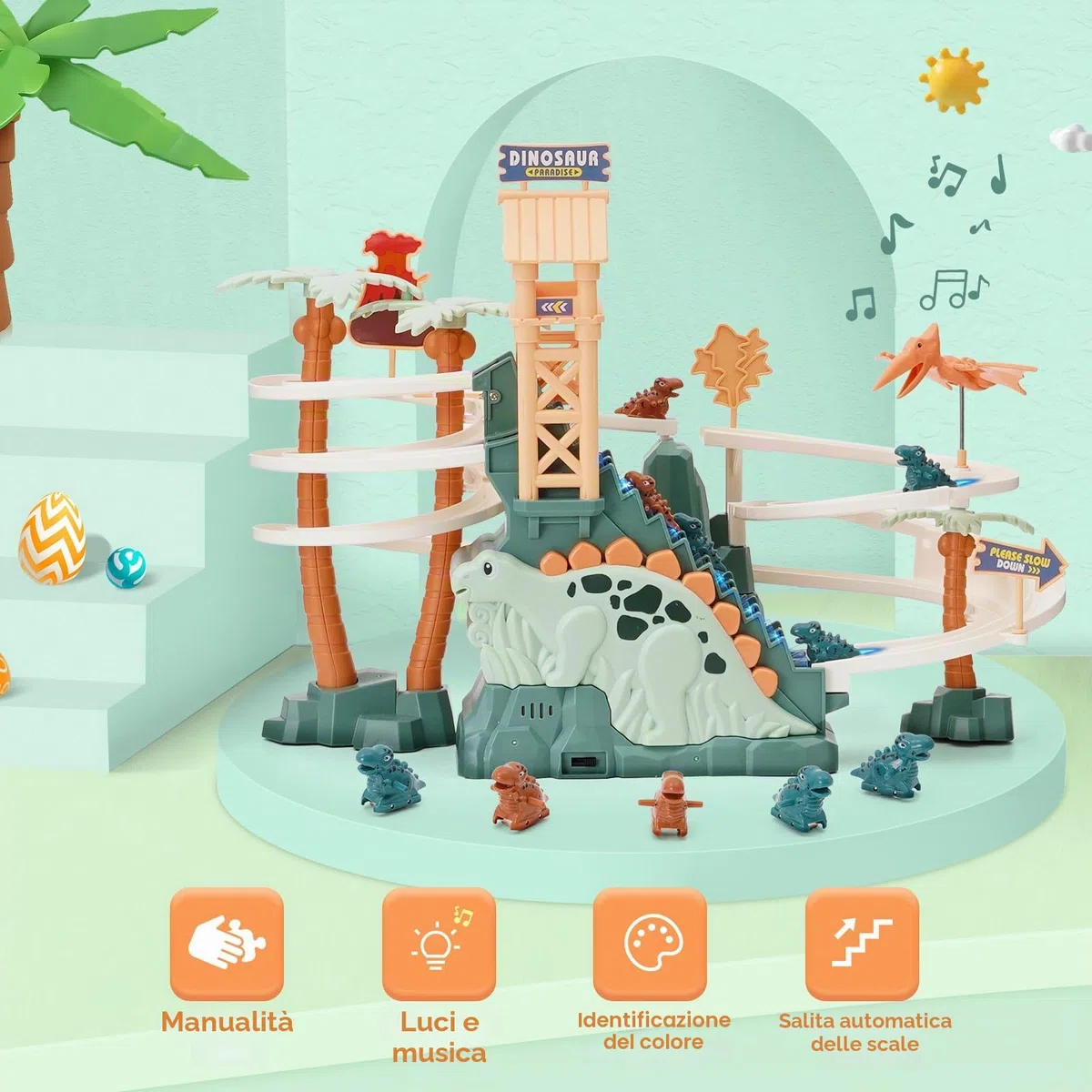 Pista da Corsa Giocattolo Dinosauro Arrampicata Scale Giocattolo Doppio Loop Scivolo per Bambini con Musica Luce Intelligenza Puzzle Educativo Playset per Bambini Ragazzi Ragazze