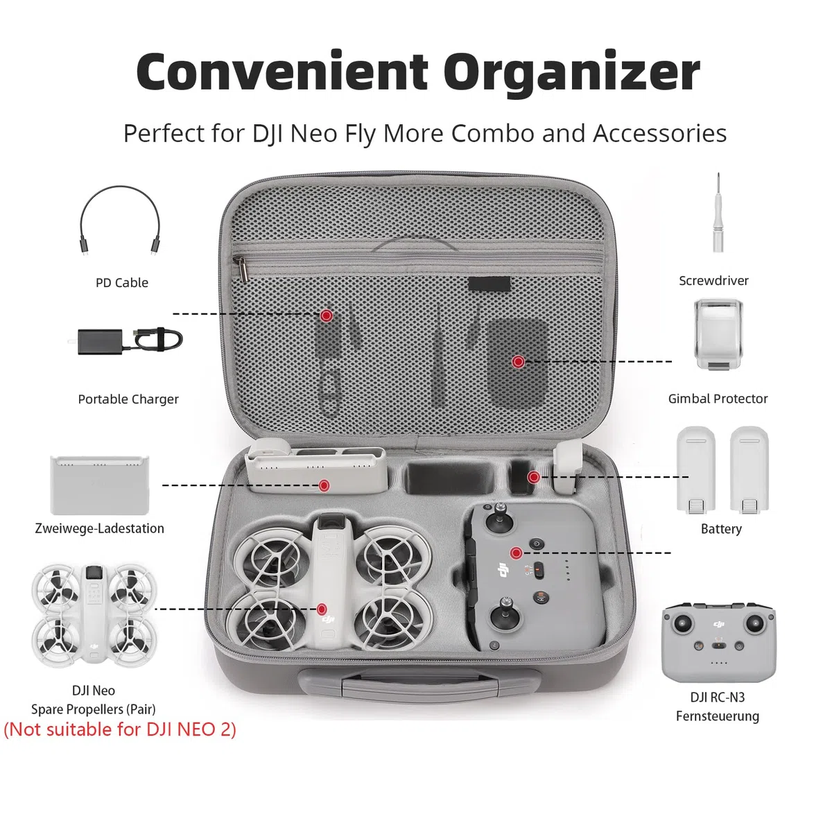 DJI Fly More Combo per Neo Case Custodia protettiva per DJI Neo RC-N3 e 6 batterie drone accessori portatile in PU con tracolla, grigio