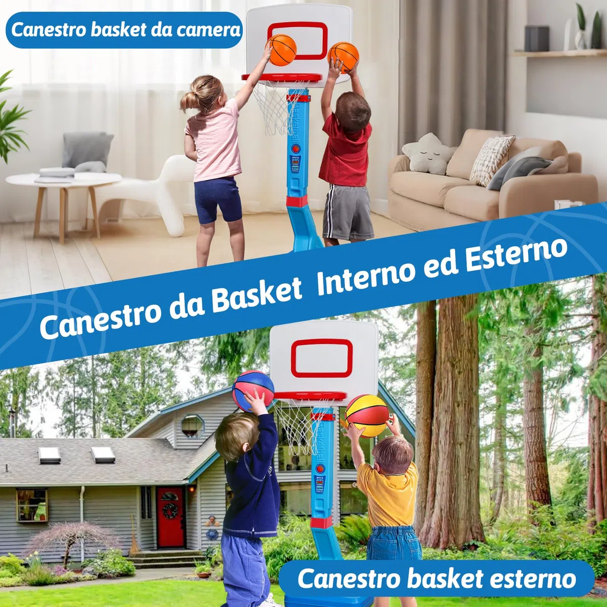 Canestro Basket Bambini Esterno Regolabile in Altezza, Canestro Basket da Camera con Pallone da Basket e Pompa, Giochi Bambini 1 2 3 Anni, Regalo 1 2 3 Anni Maschio Femmina (Blu)