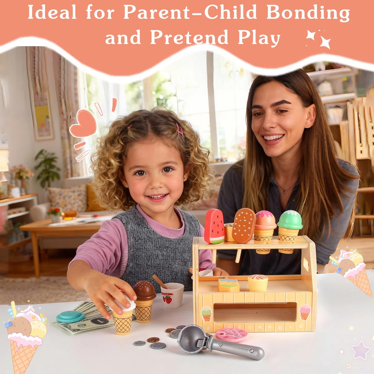 Carretto Gelati Giocattolo in legno per bambini,set gelateria 36 pezzi con espositore e monete, Carretto Gelati Giocattolo per gioco di ruolo educativo per bambini da 3 anni