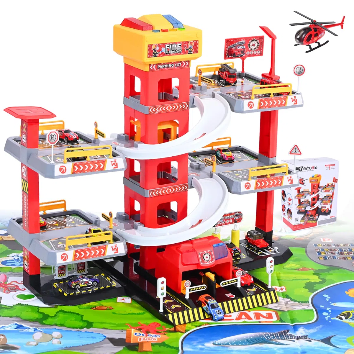 Set da gioco per parcheggio a 5 piani, per bambini dai 3 anni in su, con ascensore incluso, grande parcheggio giocattolo con 12 auto e 1 aereo, come regalo per bambini dai 3 anni, rosso