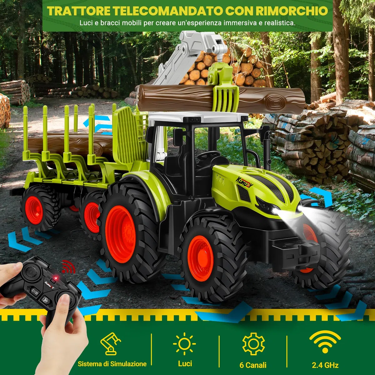 BuzzoXerex RC Trattore Telecomandato per Bambini, 2,4 Hz Trattore Radiocomandato con Rimorchio Giocattolo e Luce, Trattore Giocattolo per Bambini 3 4 5 anni