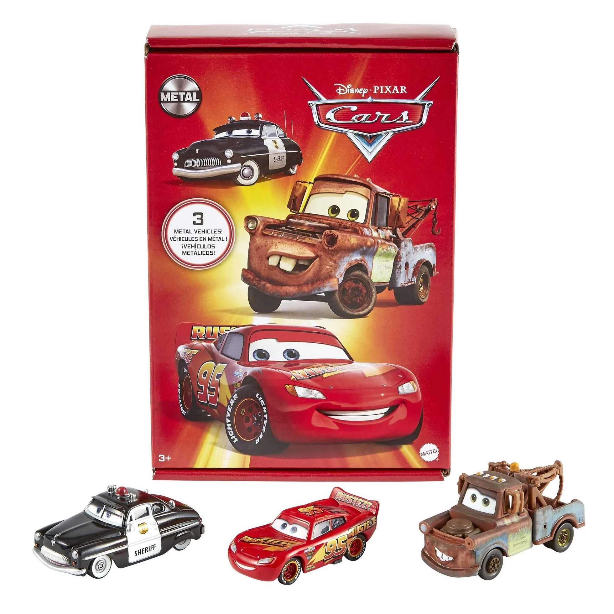 Mattel Disney Pixar Cars- Confezione da 3 Veicoli Radiator Springs, con Macchinine Saetta McQueen, Sceriffo e Cricchetto, Giocattolo per Bambini 3+ Anni, HBW14