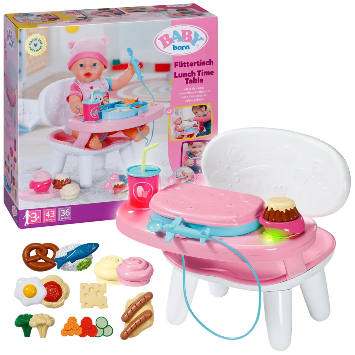 BABY born Tavolo da pranzo con funzione luce e suono - Oltre 10 piatti e bevande diversi - Adatto a tutte le bambole da 43 cm