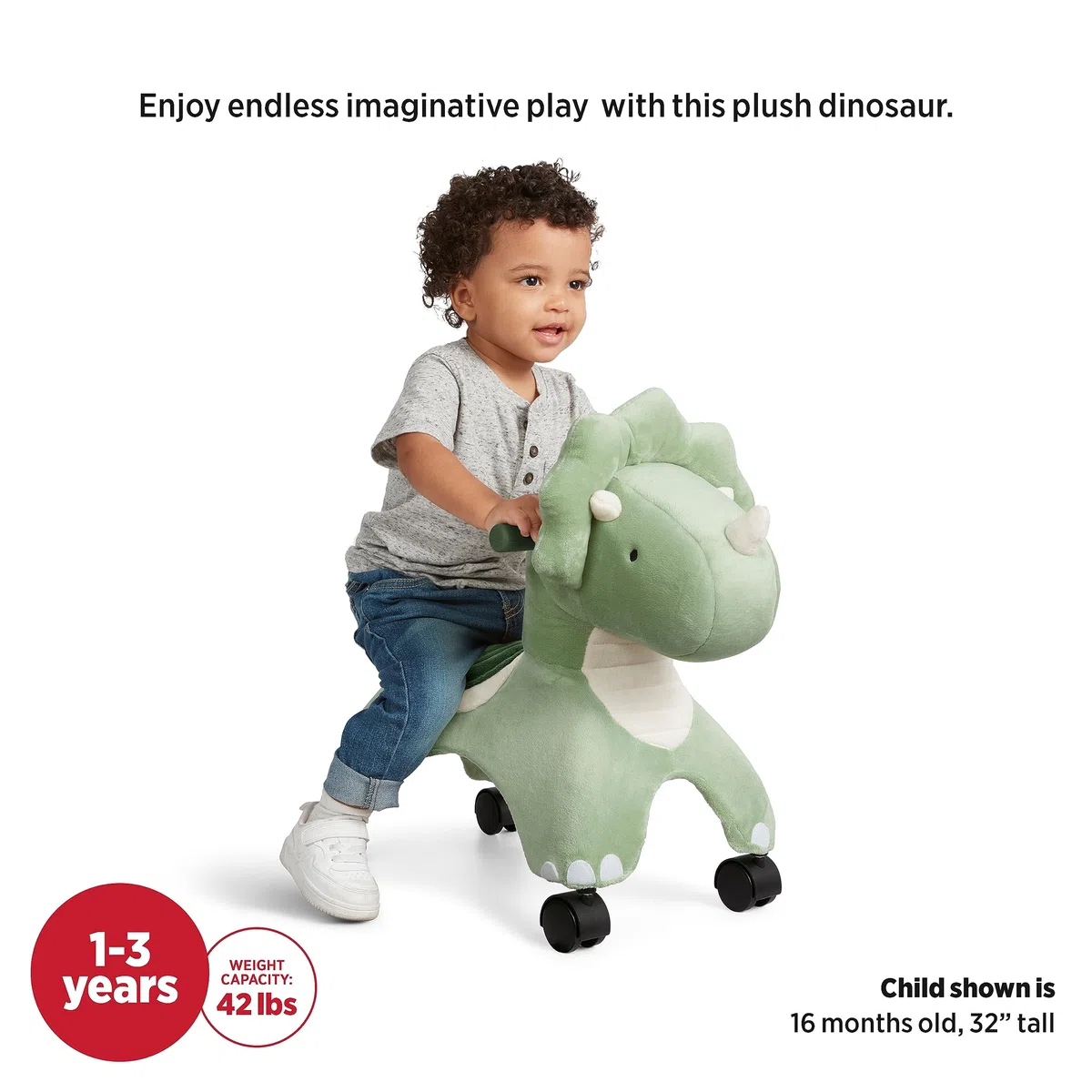 Radio Flyer Dash the Rolling Dinosaur, giocattolo da cavalcare verde per bambini da 1 a 3 anni