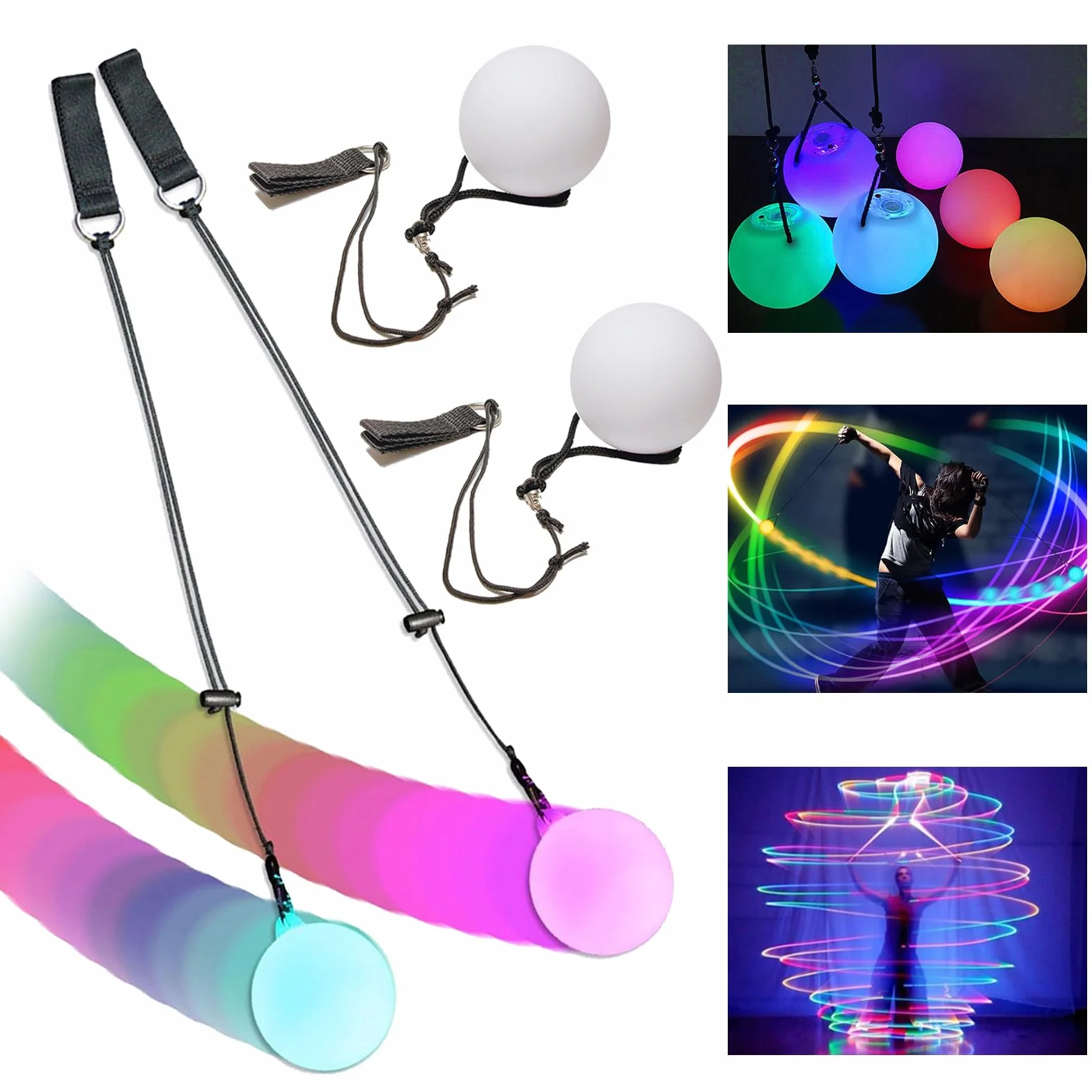 2 palline da giocoliere a LED, con colori arcobaleno e effetto stroboscopico, giocattolo da circo, spinning POI giocattolo per bambini e adulti