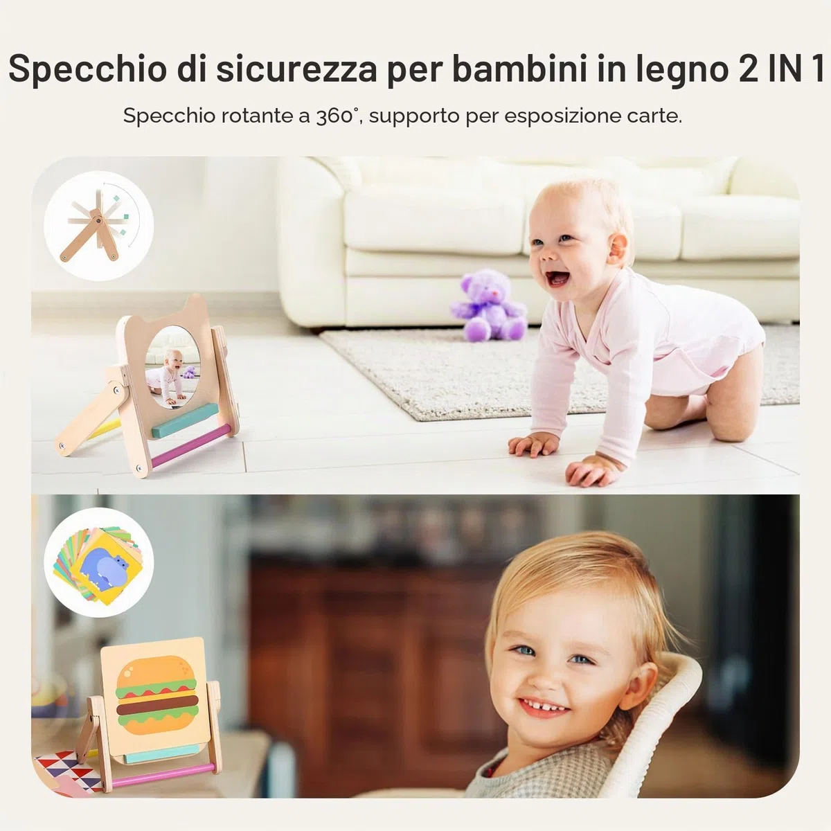 WOODEN TEETHER Specchio per Bambini - Specchio Montessori per Neonati con 120 Pagine di Carte Visivamente Stimolanti, Giocattolo in Legno per Pancia-Tempo, Giocattolo Montessori per Neonati 0 3 6 12