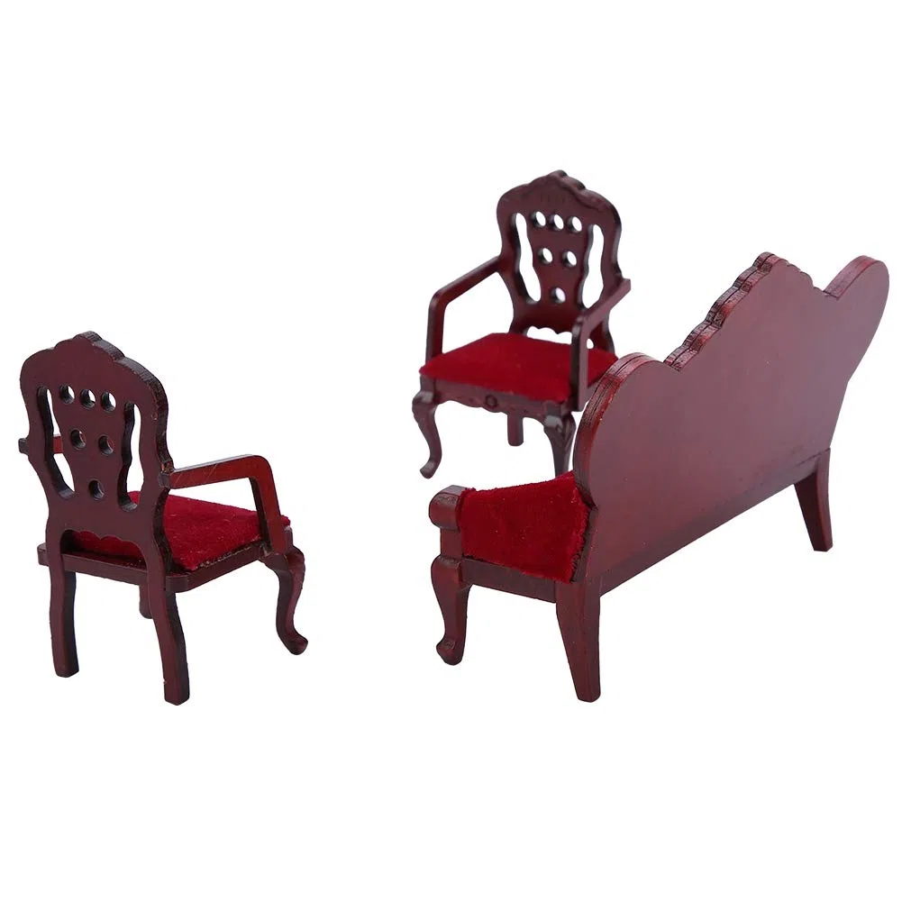 Divano vintage per casa delle bambole e sedie abbinate, un set di divani per casa delle bambole con struttura in legno artigianale per diorami da soggiorno in miniatura