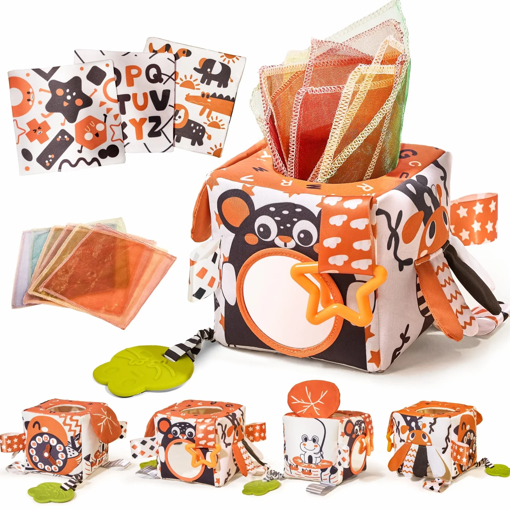 TUMAMA Kids Scatola di Fazzoletti Montessori 0 3 6 Mesi, Giocattoli Sensoriali per Bambini, Giochi Neonato, Specchio, Teether, Giochi Tummy Time Neonato, Regalo per Bambini e Bambine