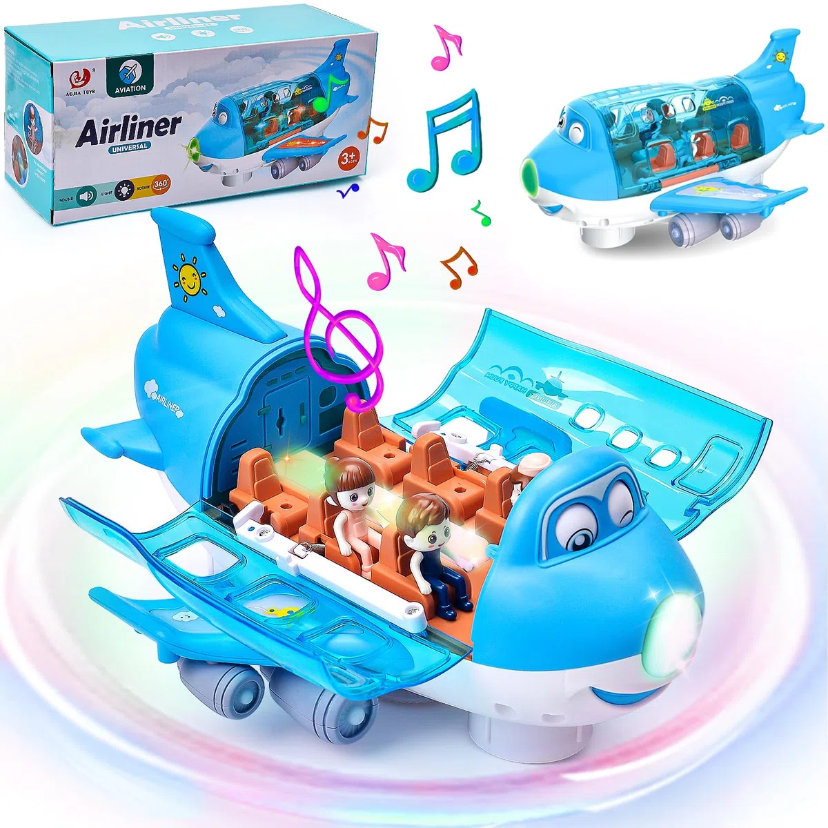 Giocattolo Aeroplano per Bambini con Luci Lampeggianti a LED E Suoni, Giocattolo Educativo per Ragazzi E Ragazze Natale Compleanno Regalo, Giocattolo di aereo elettrico rotabile a 360° (Blu)