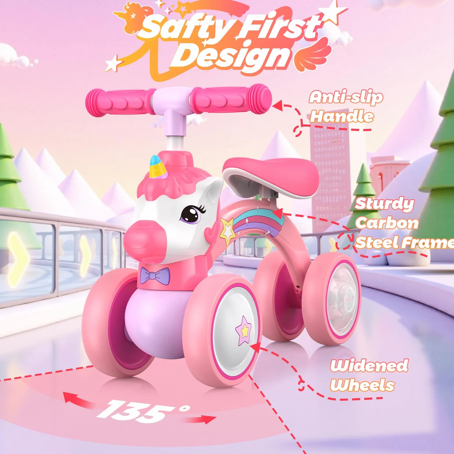Bicicletta senza Pedali per Bambini 1-2 Anni, Bilanciere con Unicorno, Ruote Silenziose e Lucenti, Regalo per Bambini 1-2 Anni, Regalo di Compleanno, Rosa, Max 25kg
