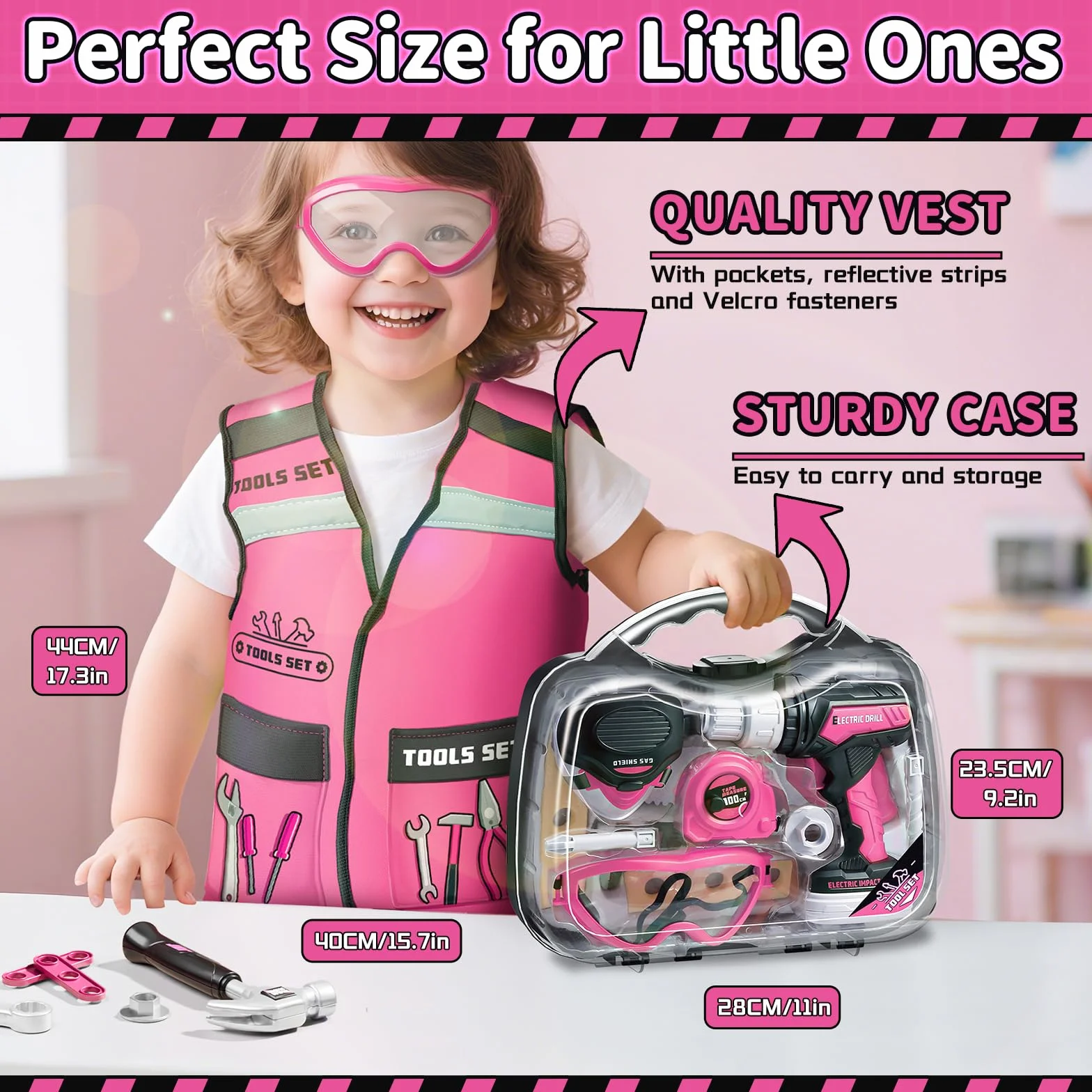 KidBloom Giochi Bambina 3 Anni Cassetta Attrezzi Bambini, Attrezzi Giocattolo Bambini con Trapano Giocattolo e Gilet da Lavoro, Regalo Bambina 3 4 5 Anni