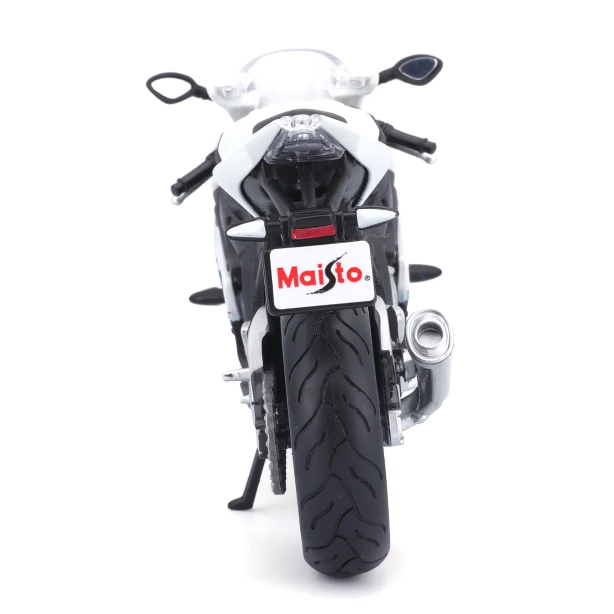 Maisto BMW S1000 RR: fedele modello di moto 1:12, con supporto mobile, sospensioni e ruote rotanti libere, 17 cm, bianco-blu (531191), medio