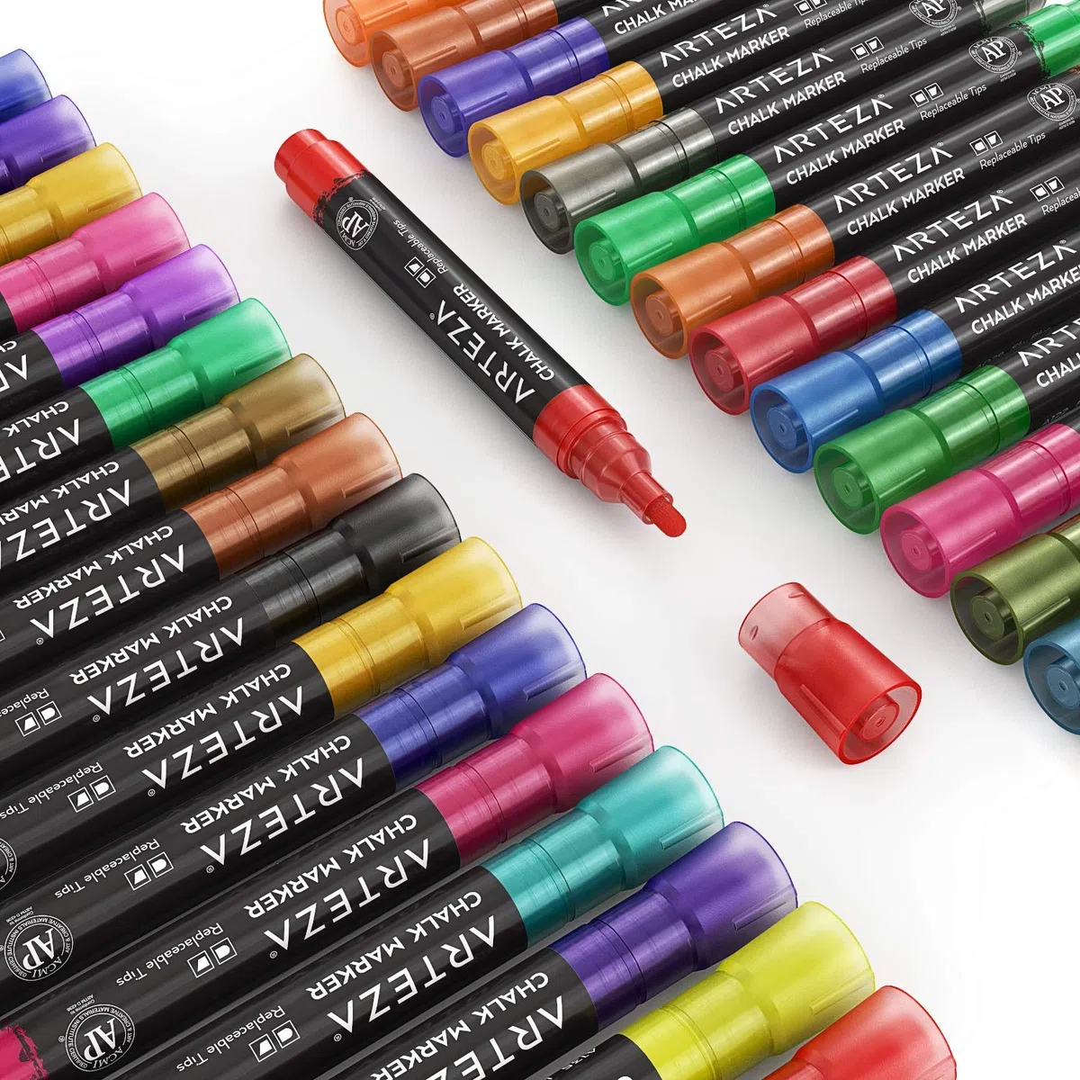 ARTEZA Pennarelli a Gesso Liquido Cancellabili, Confezione da 42 Colori a Base d'Acqua con 50 Etichette per Lavagna Gratuite e Punte Sostituibili per Bambini, Adulti, Bistrot e Ristoranti