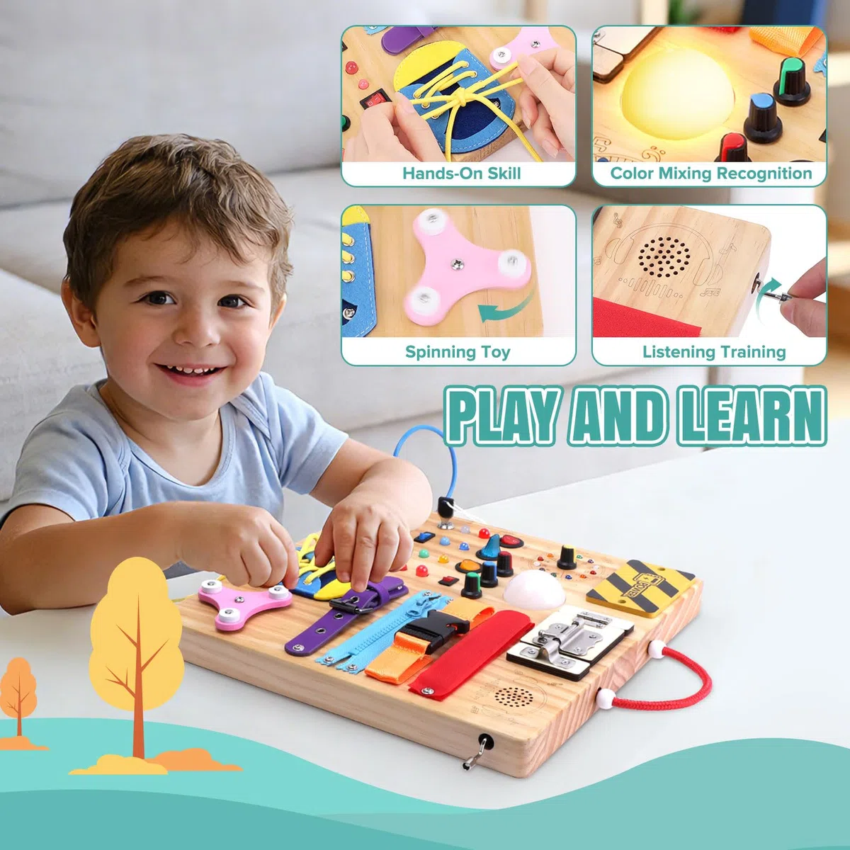 Montessori Busy Board 23 in 1 per bambini a partire da 1 anno, giocattolo in legno con 15 interruttori, 26 luci LED, scatola musicale, chiusura lampo e lucchetto, giocattolo sensoriale per bambini da