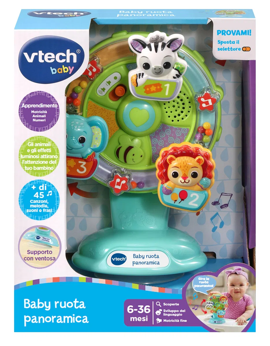 VTech Baby Ruota Panoramica, Gioco Interattivo Bambino con Sensore di Movimento e Stelle Colorate, Supporto con Ventosa, più di 45 Canzoni e Suoni, Lingua Italiana, Batterie Incluse, 6-36 Mesi