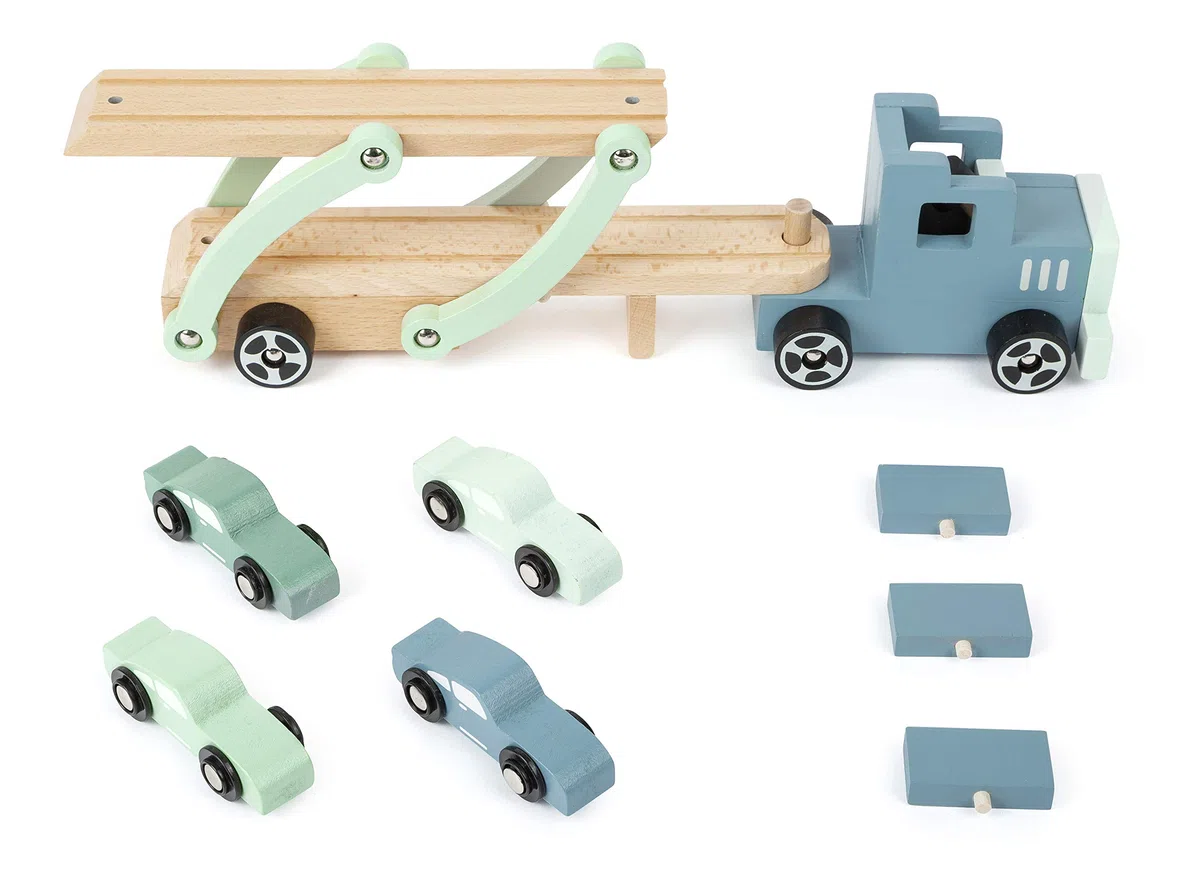 Small Foot 11510 Bisarca Chicago in Legno, con rampa di carico Mobile, rimorchio Rimovibile e 4 Auto, a Partire dai 3 Anni
