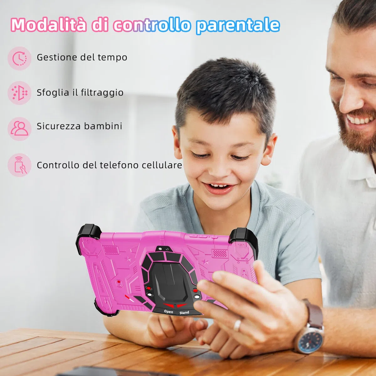 Tablet Bambini 7 Pollici Android 14 Octa-Core, 10 GB RAM + 64 GB ROM (TF 1 TB), Kids Tablet Educativo e Divertente, Controllo Parentale, WiFi, Bluetooth, Con Custodia Antiurto, Rosa