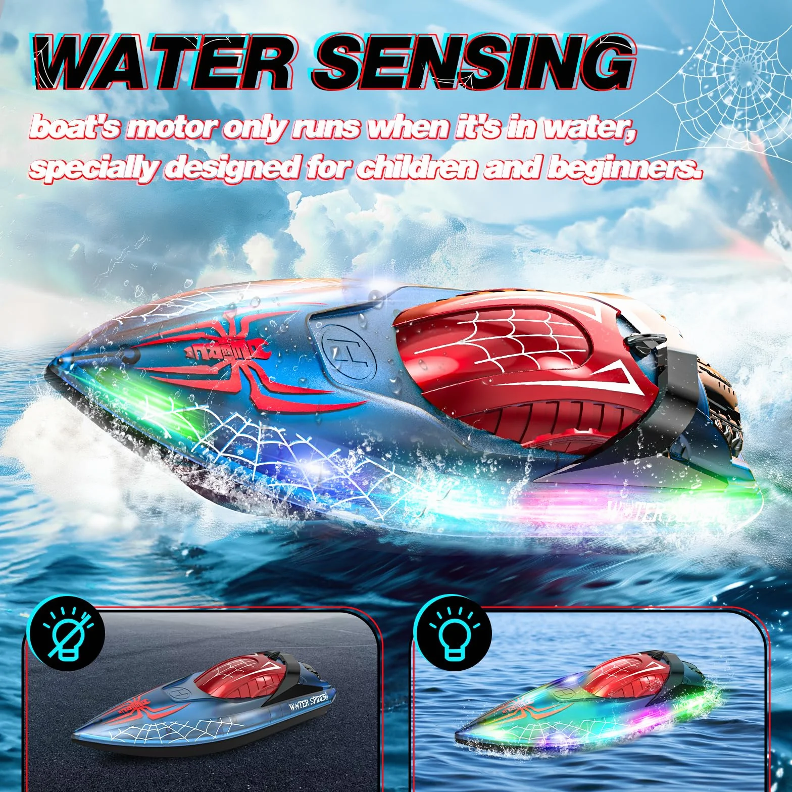 DEERC Spider Barca telecomandata con luce LED per bambini, Barca RC completamente proporzionale da 2,4 GHz per piscine e laghi, Durata batteria 80 minuti, Recupero capovolgimento