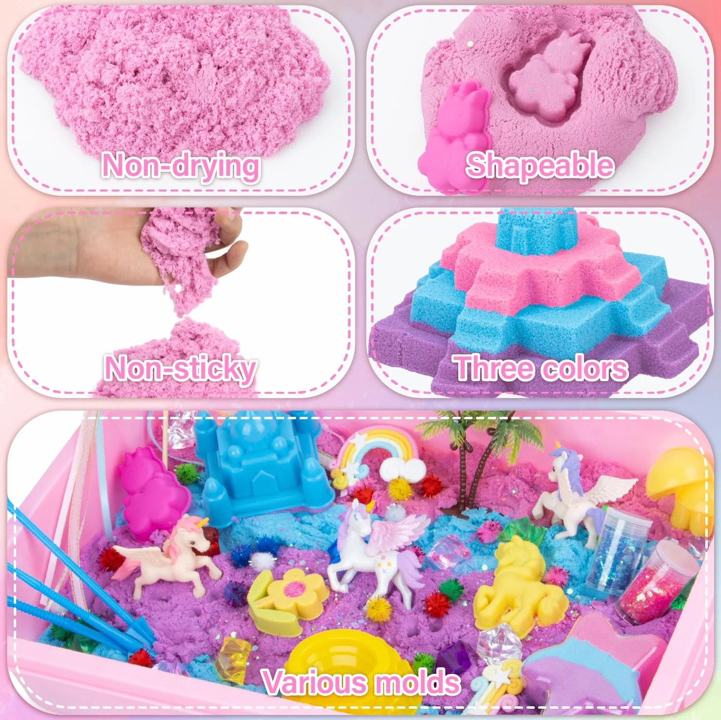 snookids Sabbia Magica per Bambini, Set di Giocattoli da Sabbia Unicorno, con Cera d'api Naturale, 24 Formine, 3 Unicorni, Conchiglia con Coperchio, Sensoriale per Giochi bambina 3 4 5 6 7 8 9+ Anni