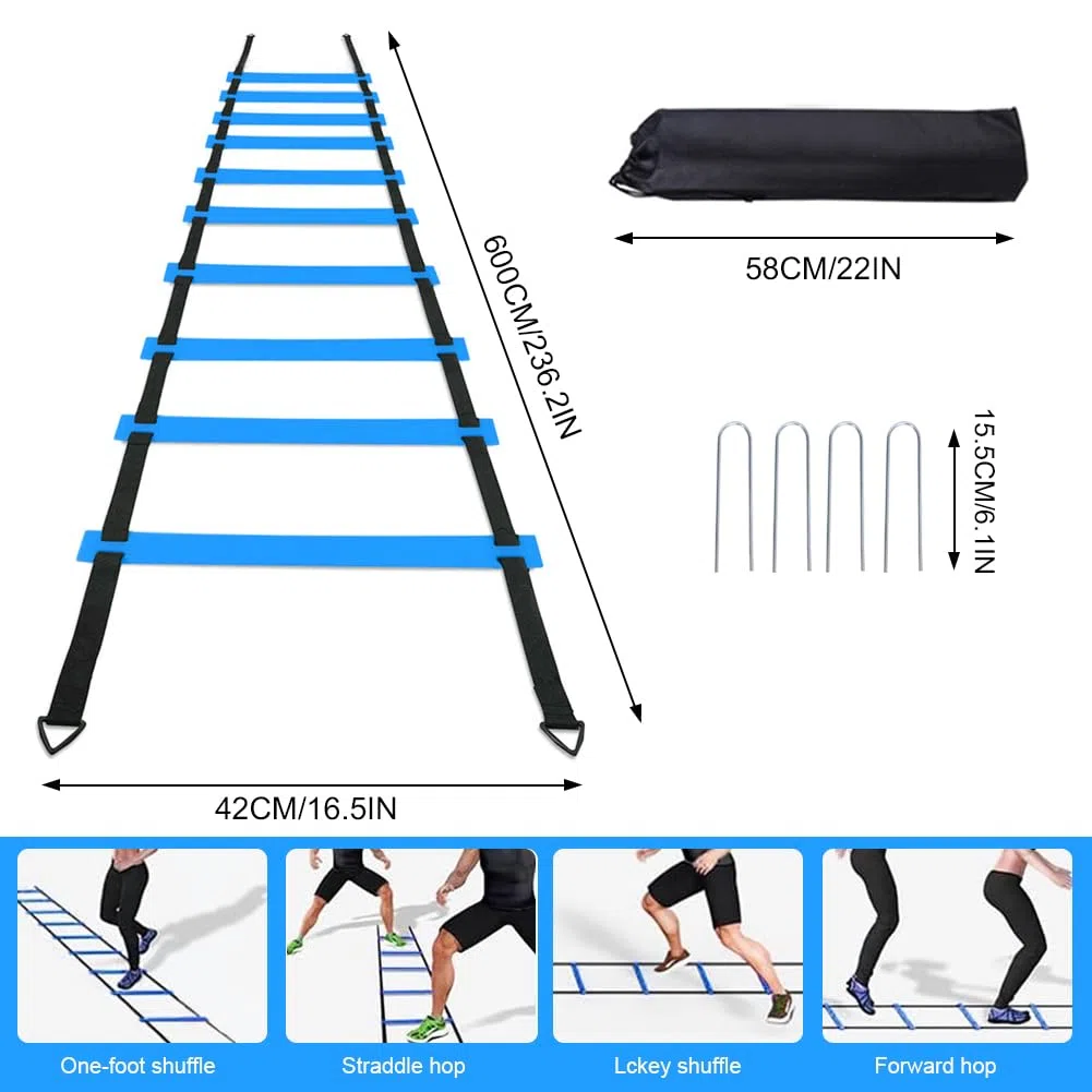 Accessori per allenamento da calcio per bambini, scala di coordinazione, scala di coordinazione da 6 m, con 16 coni, set di attrezzature per allenamento di calcio per ragazzi e bambini (blu)