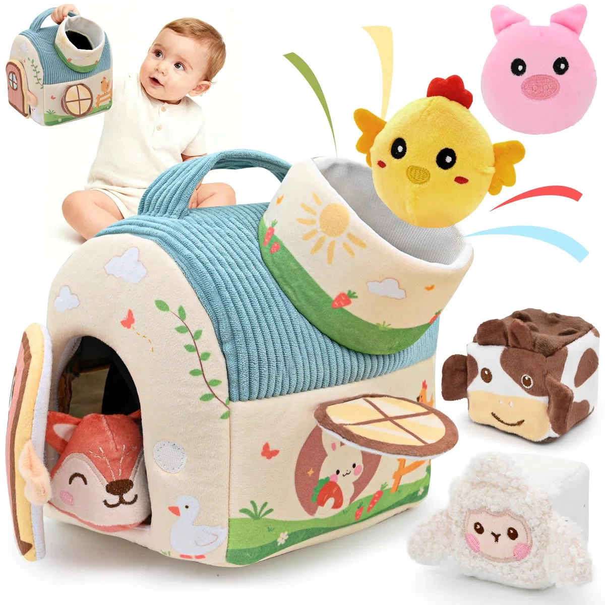 Giochi Bambini 1 Anno, Giochi Montessori 1 Anno, Fattoria Animali Bambini con Fienile/Sonaglio/Specchio, Giochi Neonato 6 9 12 Mesi, Regalo Bambino 1 Anno