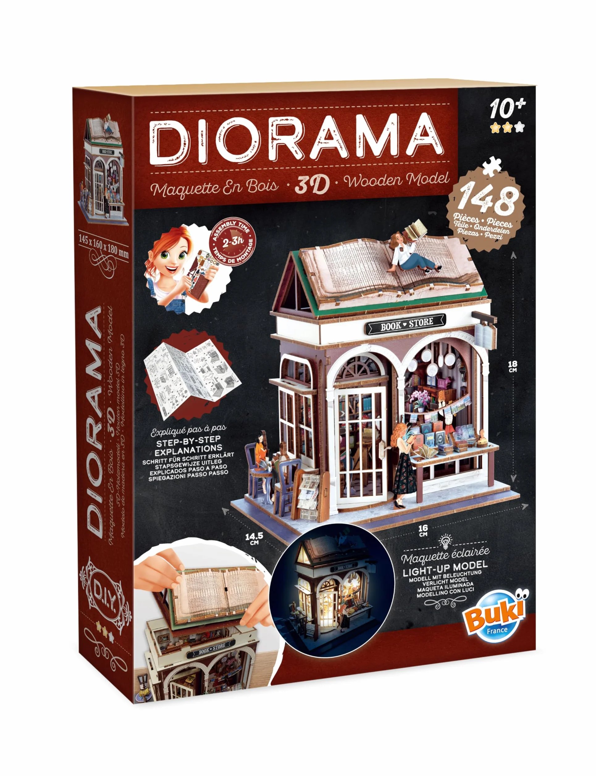Diorama libreria - Modello di Libreria Miniatura in Legno con LED – Diorama Fai Da Te 148 Pezzi – Kit di Costruzione per Decorazione della Camera – Da 10 Anni – 14,5 x 16 x 18 cm - BUKI Francia