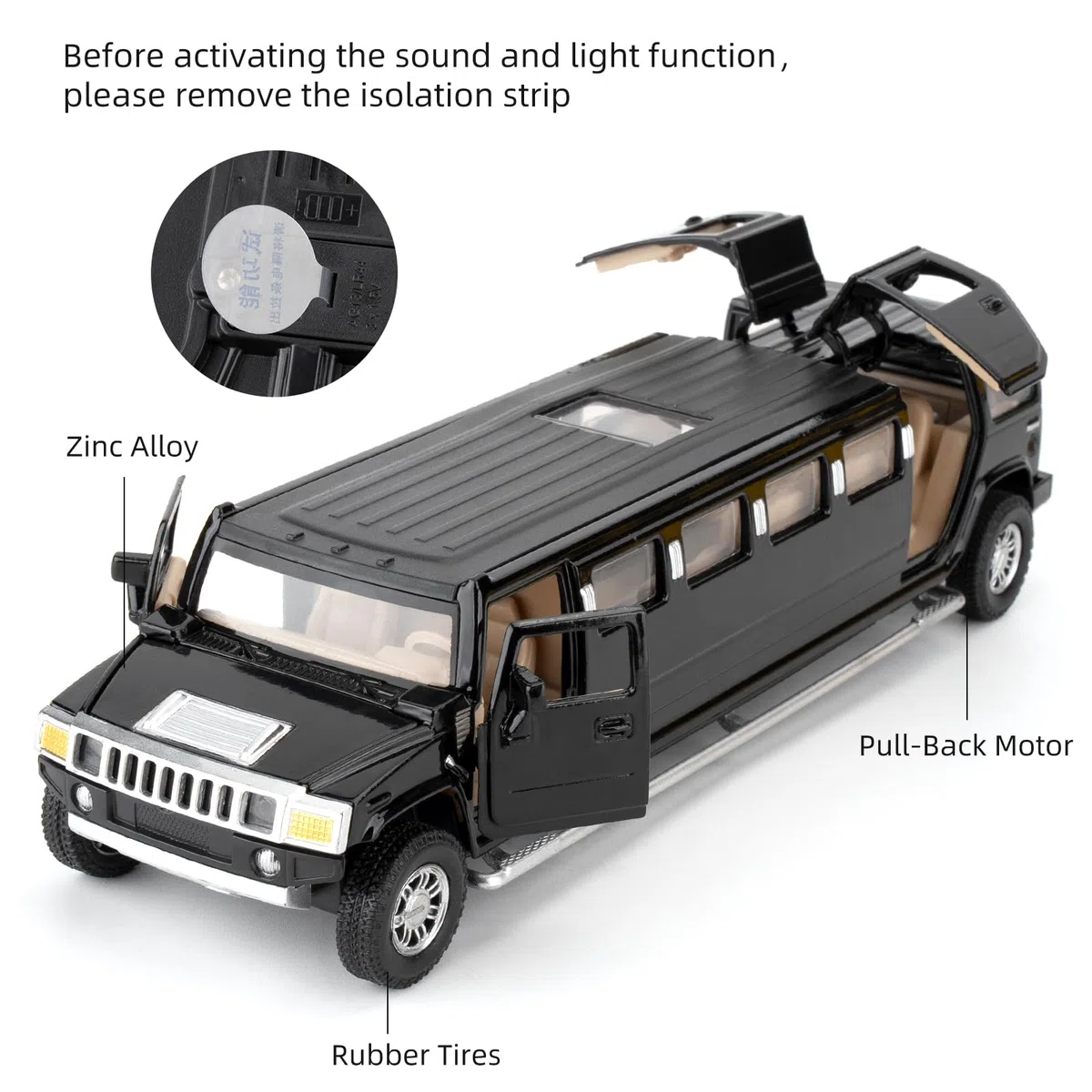 Hummer H2 Modello di auto 1/32, giocattolo di auto Diecast con suono e luce, in lega espandibile, per adulti, bambini, ragazzi e ragazze, nero