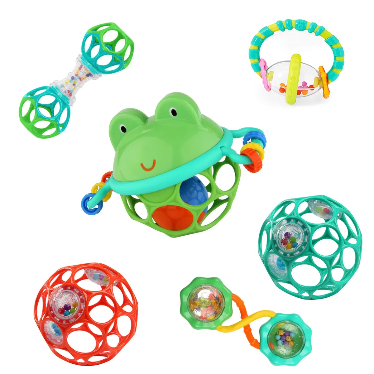 Bright Starts, Set di giocattoli Little Shakers - 6 sonagli e anelli per la dentizione senza BPA, unisex, dai neonati in su