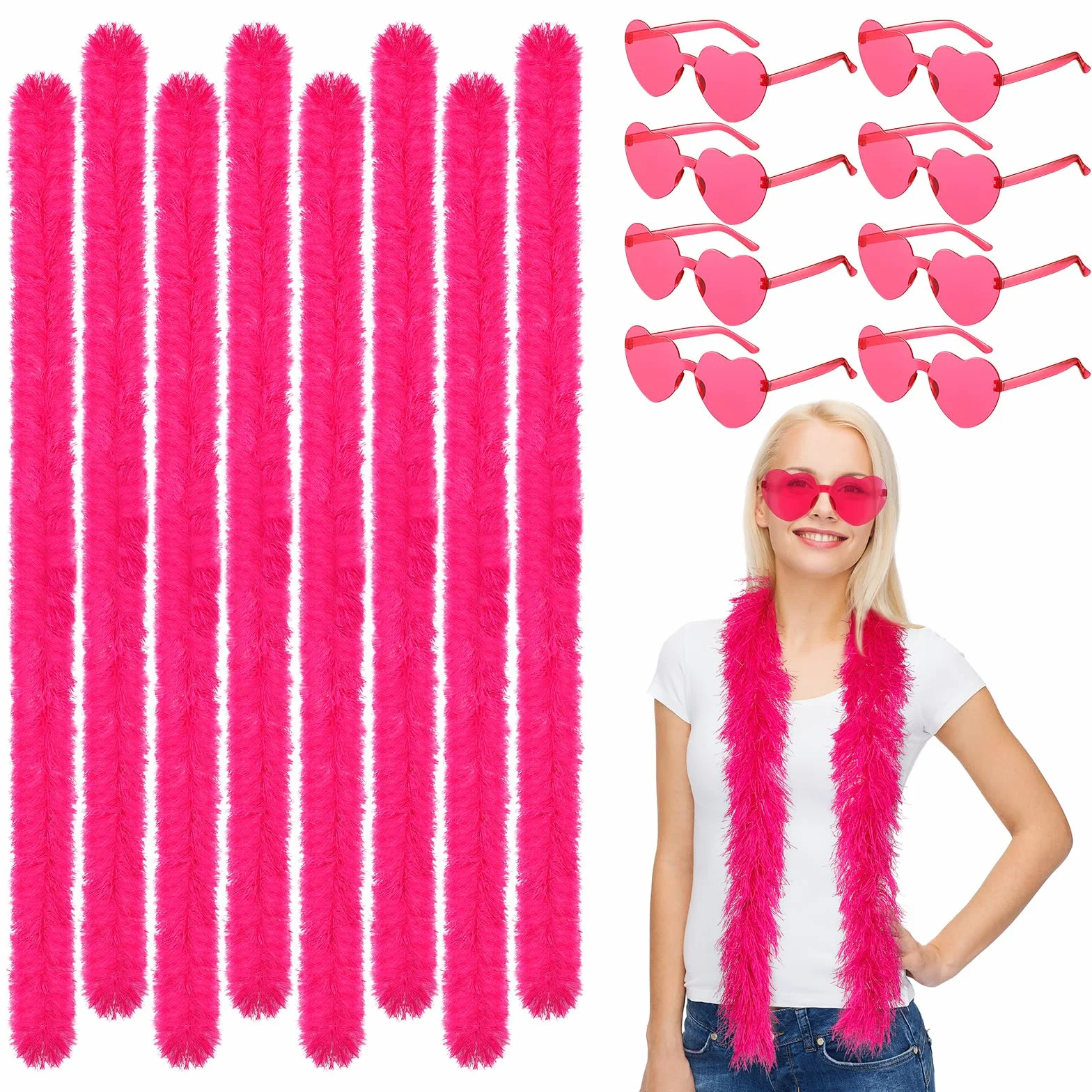 Sinmoe 16 Pezzi 5 Piedi Set Boa di Piume per Festa e Occhiali a Cuore Senza Montatura Accessori di Boa con Occhiali per Feste Matrimoni Costume Travestimento Forniture per Feste