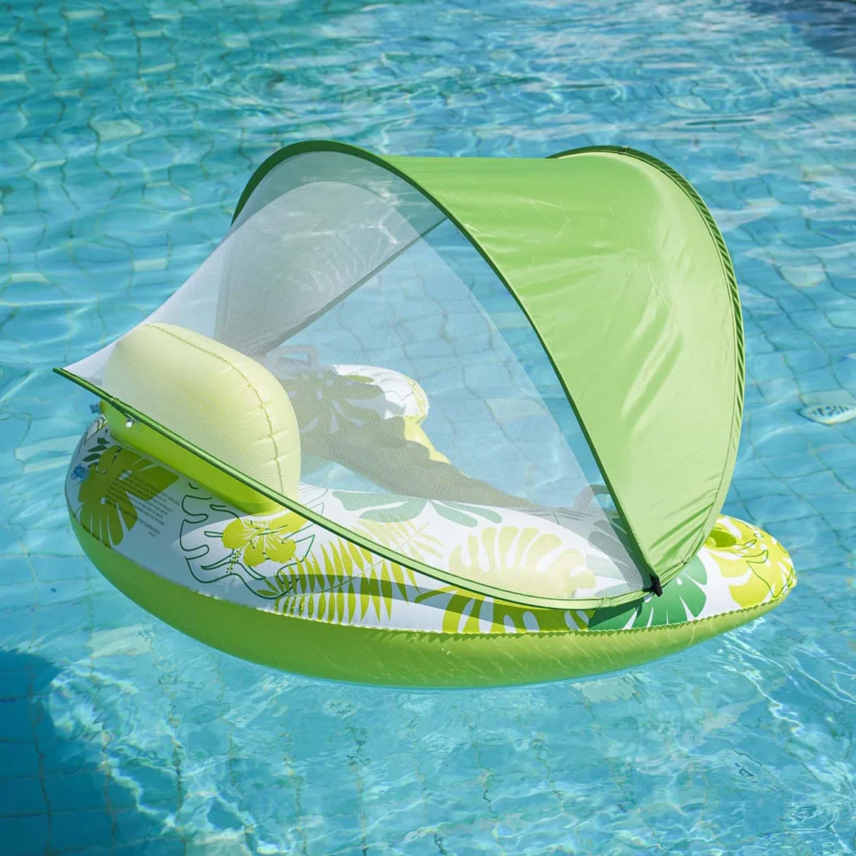 Letto Gonfiabile Galleggiante In Acqua, Sedia A U Con Maniglie, Lettino Per Zattera Da Nuoto Con Parasole Rimovibile A Doppio Strato, Sedia Da Piscina Per Nuoto Galleggiante Con Portabicchieri